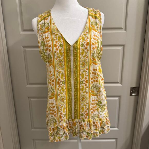 Cynthia Rowley Boho Yellow Floral Ruffle Tank Top Sleeveless Blouse Women’s - Picture 1 of 4